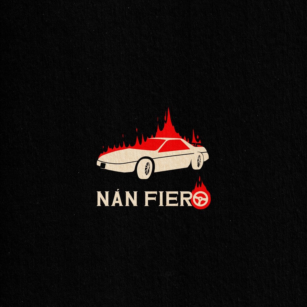 Original Nán Fiero logo design including flaming Pontiac Fiero in black and red.